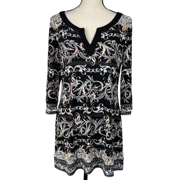 WHBM Large Tunic Top 3/4 Sleeves Stretch V-Neck Flared Hem Fleur de Lis Multi - Picture 1 of 8
